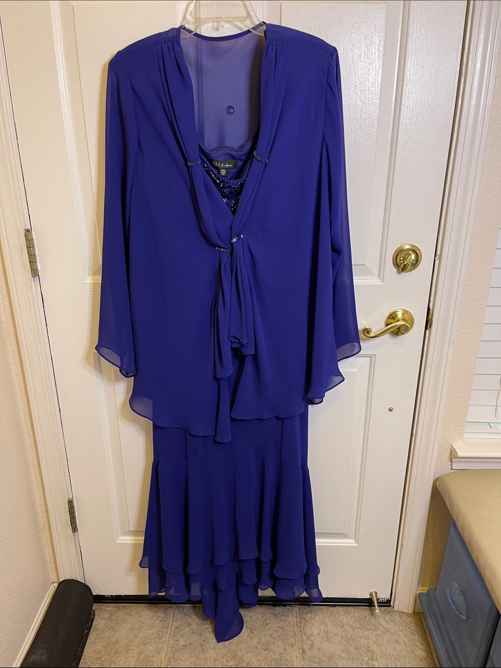 S.L. Fashions Embellished Royal Blue Sleeveless Gown with Sheer Drape